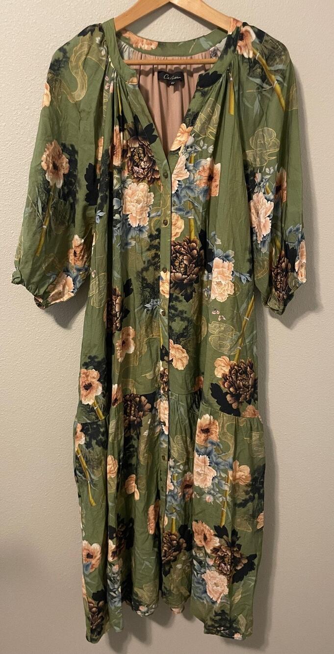Calessa Maxi Dress Womens 1X Green Floral Button Front Puff Sleeve Pockets Boho